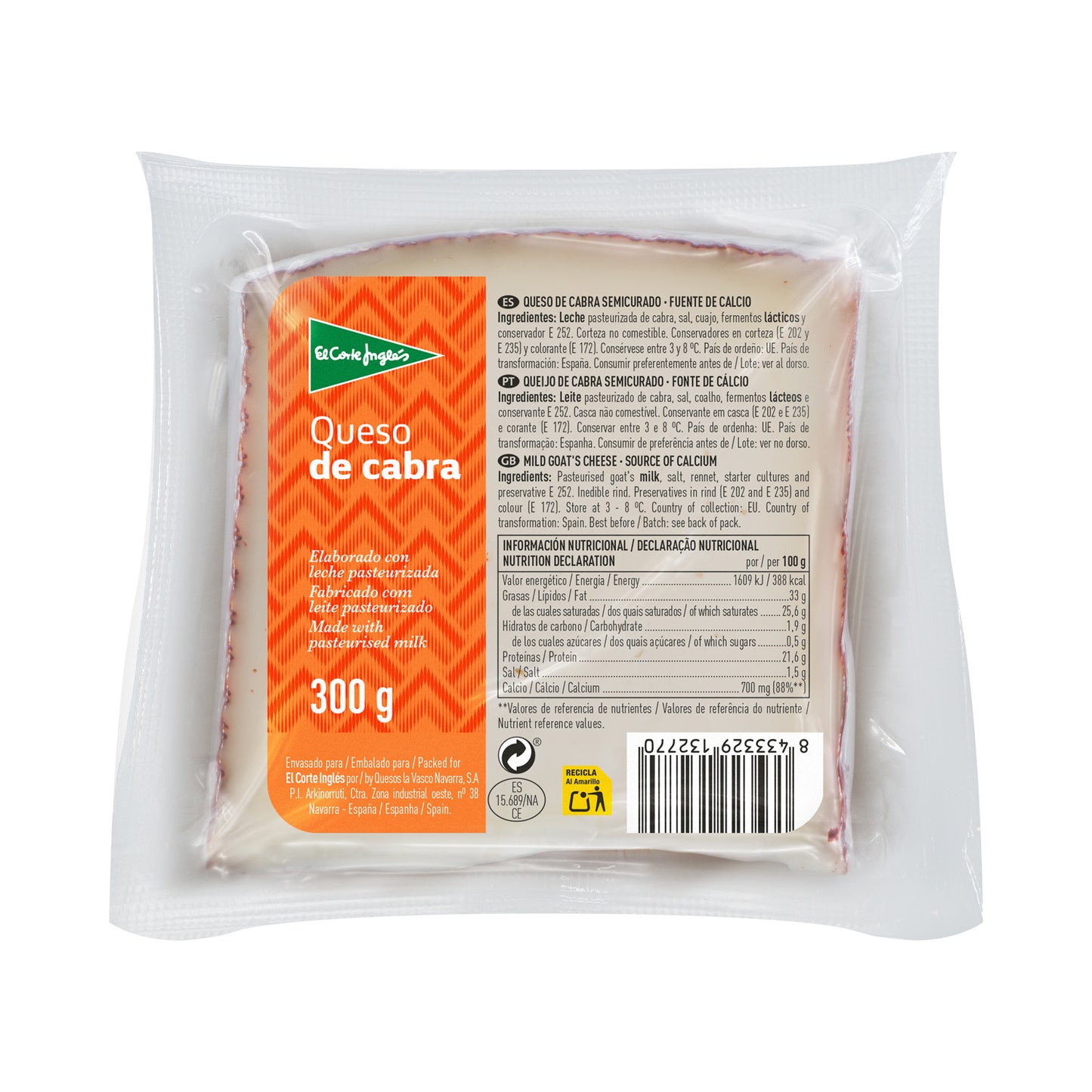 Queso De Cabra Semicurado Elaborado Con Leche Pasteurizada Cuña 300 G