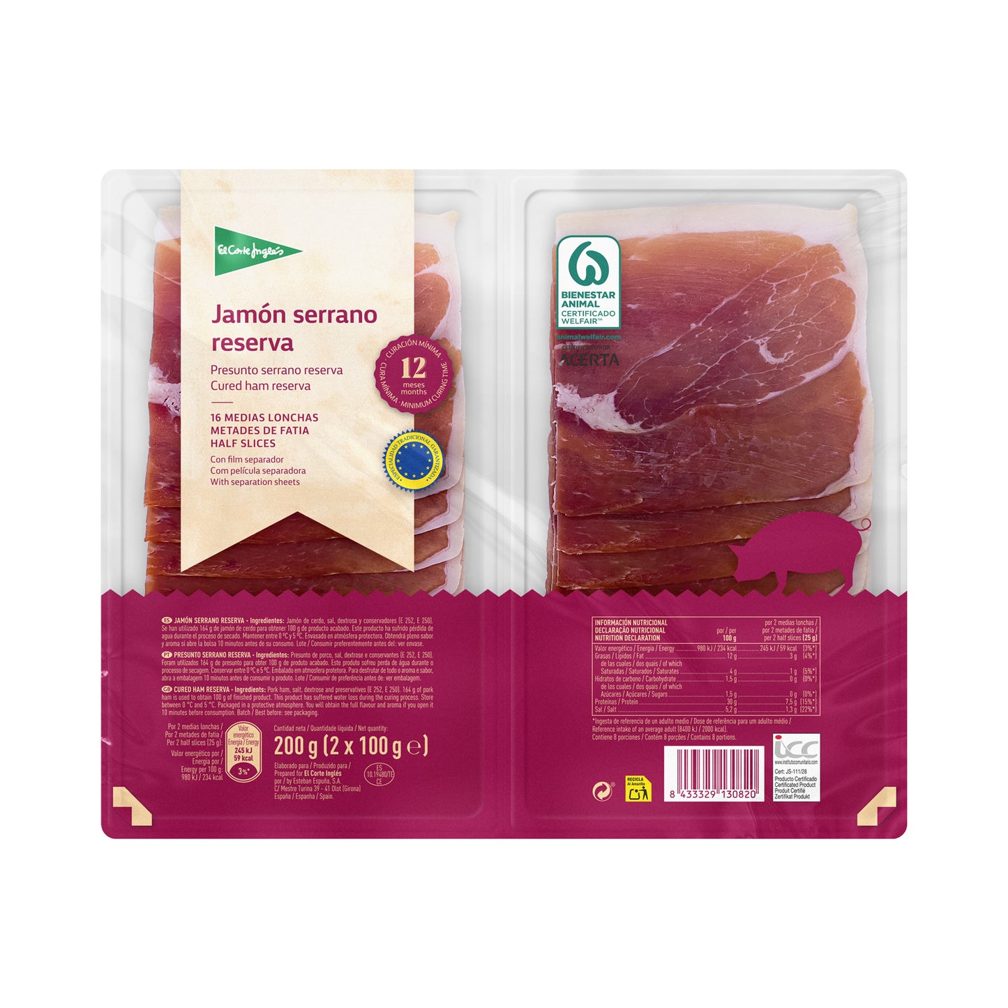 Jamón Serrano Reserva Etg En Medias Lonchas Pack 2 X 100 G Envase 200 G Curación Mínima 12 Meses