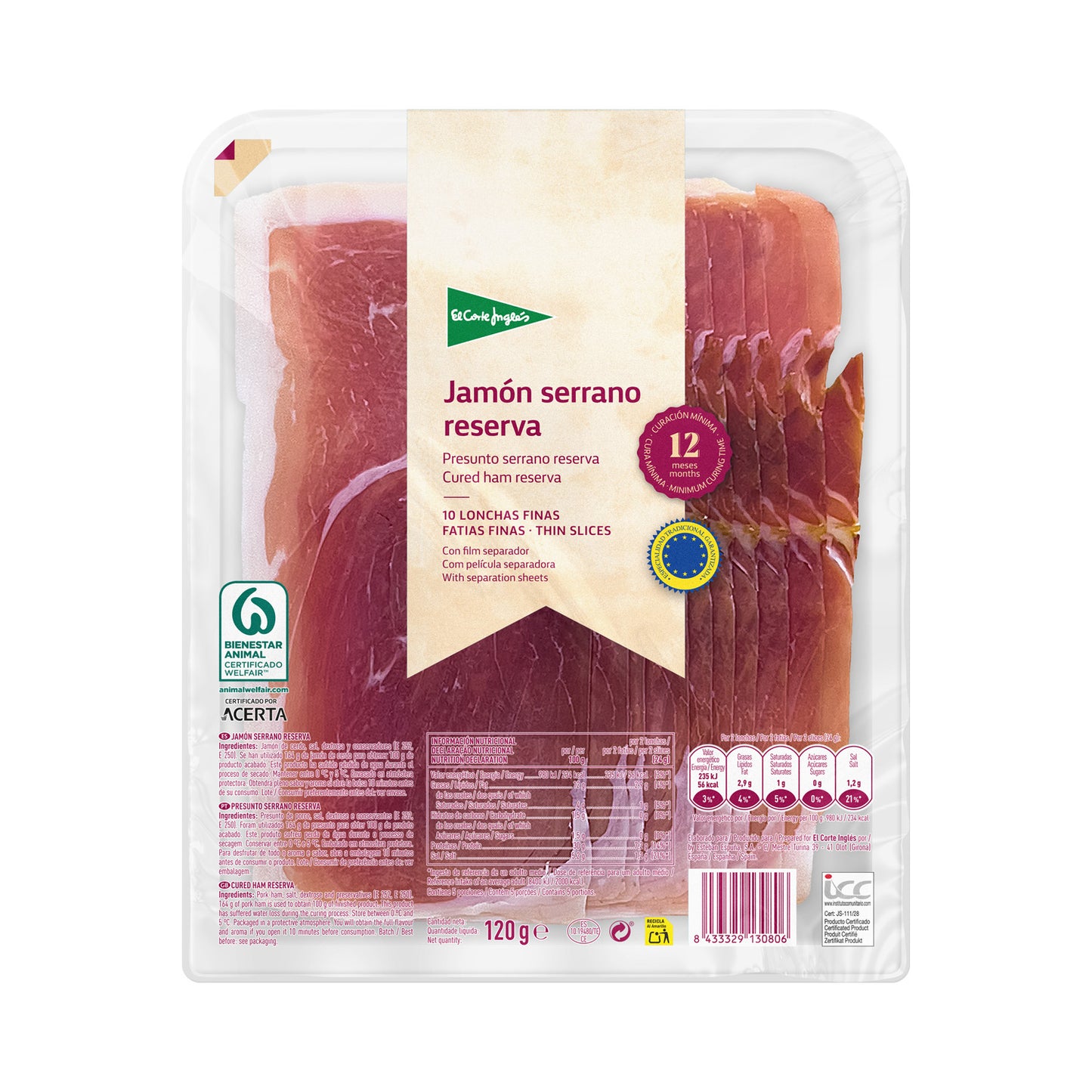 Jamón Serrano Reserva Etg En Lonchas Finas Envase 120 G Curación Mínima 12 Meses