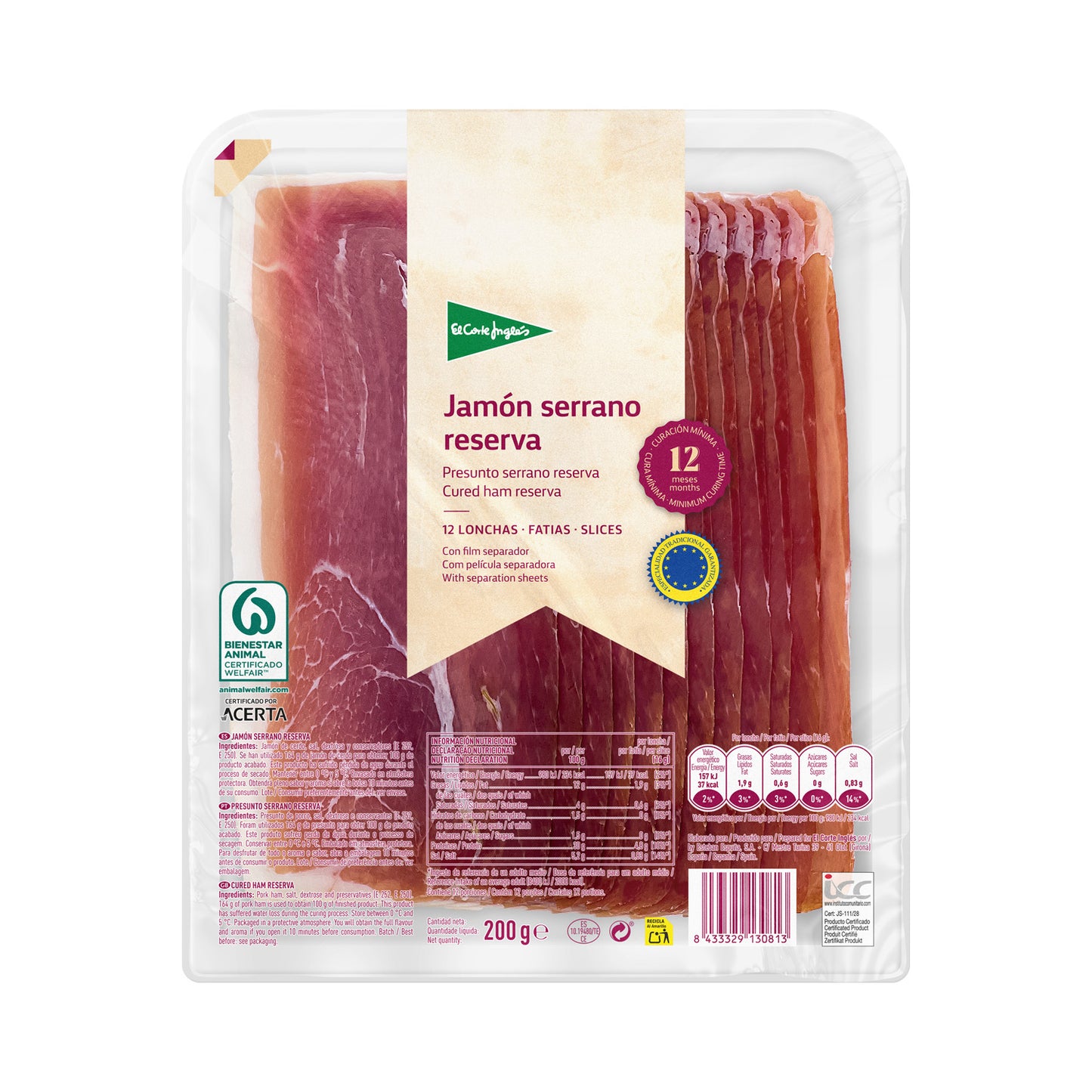Jamón Serrano Reserva Etg En Lonchas Envase 200 G Curación Mínima 12 Meses